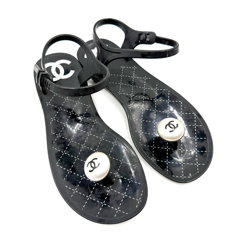 Chanel Jelly Sandals Black Pearl CC Logo Thong Flat Rubber Women Size 35 / 5 US